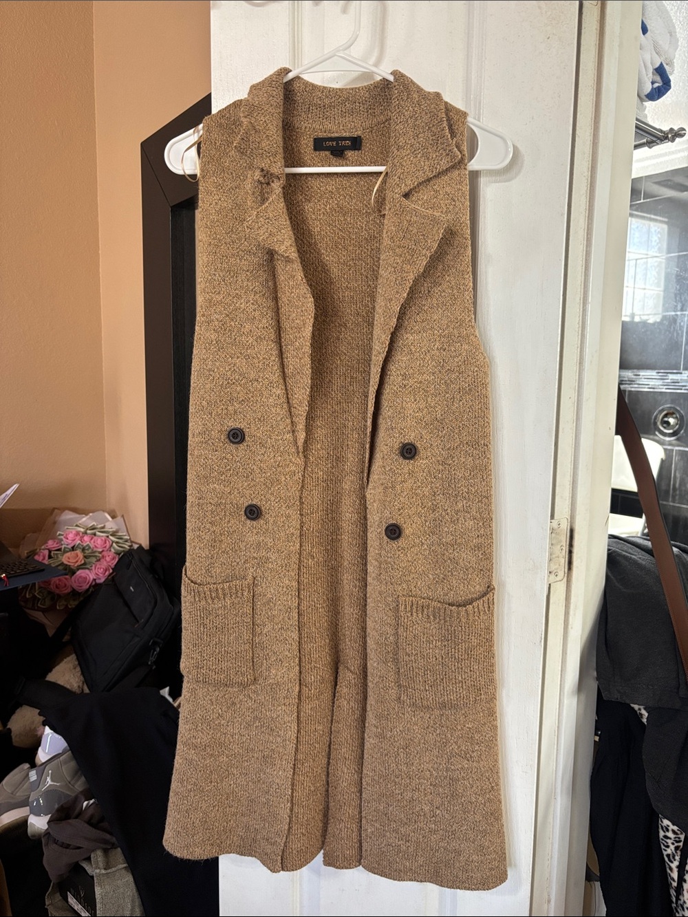 Love Tree Double-Breasted Sleeveless Knit Duster - Camel Brown